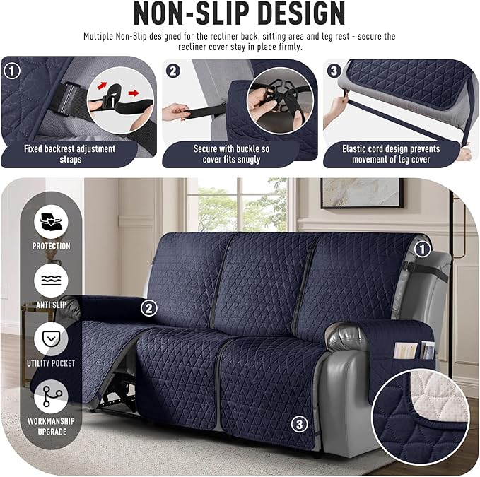 TAOCOCO 100% Waterproof Recliner Cover, Non-Slip Washable Reclining Couch Cover with Elastic Leg Straps, Furniture Protector for Dogs (Dark Blue, 3 Seater) - Image 5