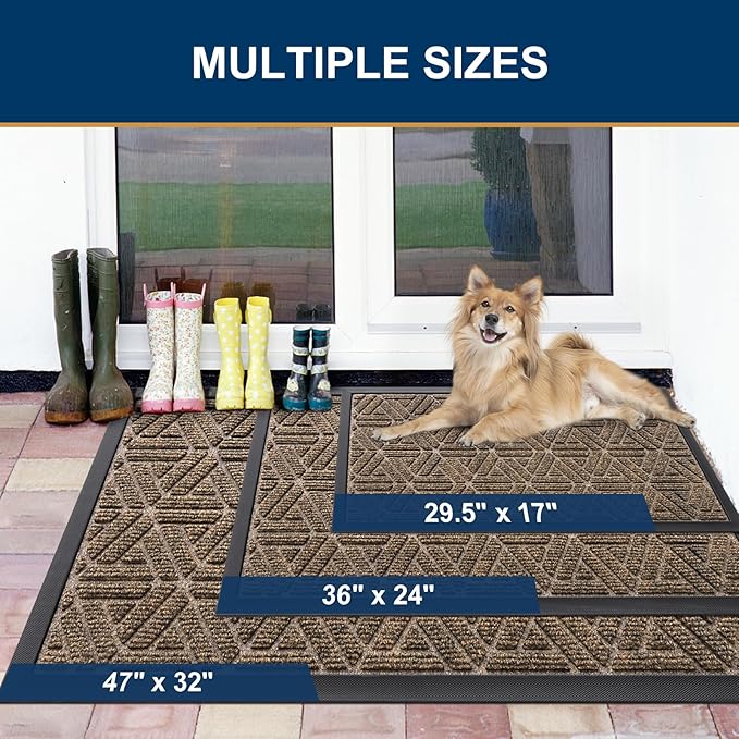 Smiry Front Door Mat Outside Entrance, Heavy Duty Sturdy Natural Rubber Doormat, Trap Dirt and Moisture, Easy Clean Low Profile Mats for Indoor Outdoor Entry, Grid Geometric (47x23, Brown) - Image 2