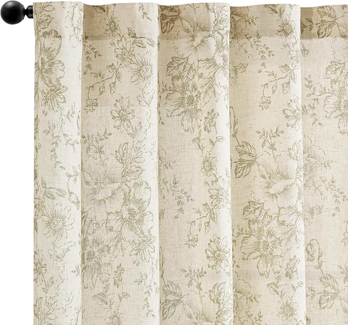 jinchan Linen Blend Floral Curtains for Living Room 54 Inch Length Farmhouse Printed Curtain Rod Pocket Back Tab Sage Green Peony Flower Patterned Drapes Bedroom Curtains Set 2 Panels - Image 8