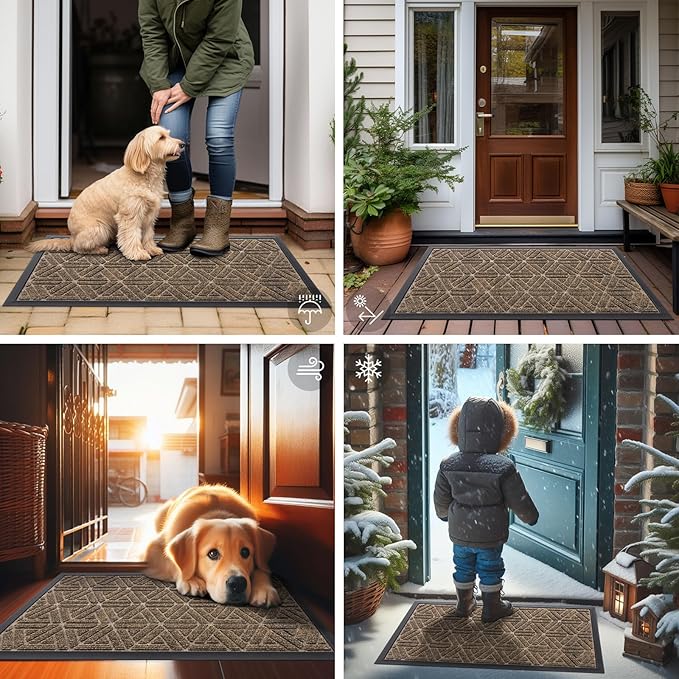 Smiry Front Door Mat Outside Entrance, Heavy Duty Sturdy Natural Rubber Doormat, Trap Dirt and Moisture, Easy Clean Low Profile Mats for Indoor Outdoor Entry, Grid Geometric (47x23, Brown) - Image 6