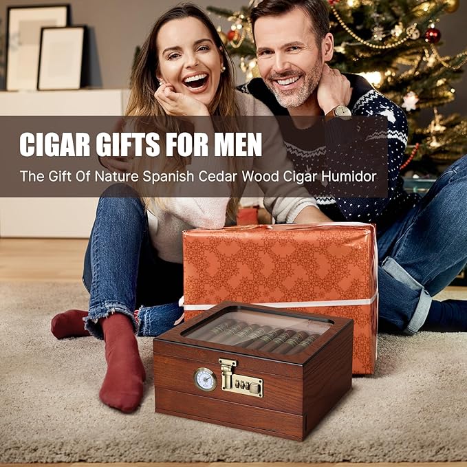Cigar Humidor, Cedar Wood Humidor Cigar Box, Glass Top Desktop Humidor with Front Hygrometer, Humidifier, Divider, Accessories Drawer and Combination Lock, Cigar Gifts for Men (Brown) - Image 8
