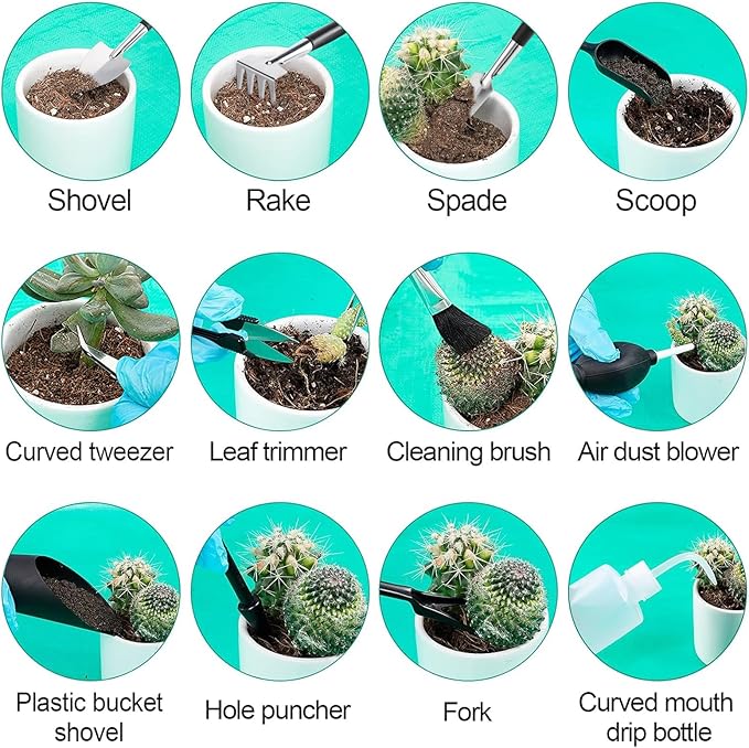 20pcs Small Gardening Tools Gifts for Women Beginners - Garden Hand Tools Set for Indoor Succulent Bonsai Plants Transplanting, Included 39.4" Plant Repotting Mat/Miniature Shovel/Labels, Green - Image 6