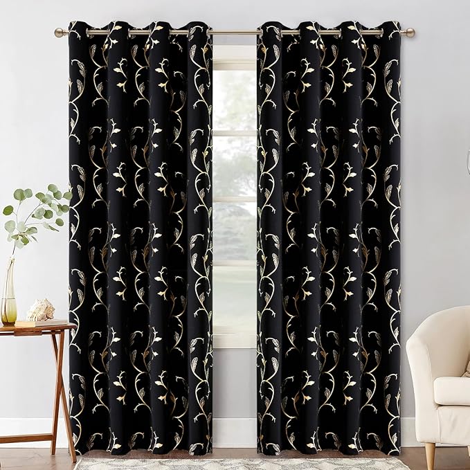 BUHUA Black Blackout Curtains with Gold Wave Line Foil Design,Room Darkening Curtains 84 Inches Long,Noise Reducing Blackout Drapes,Sliding Door Curtains Thermal for Living Room 2 Panels Set,52W×84L - Image 7