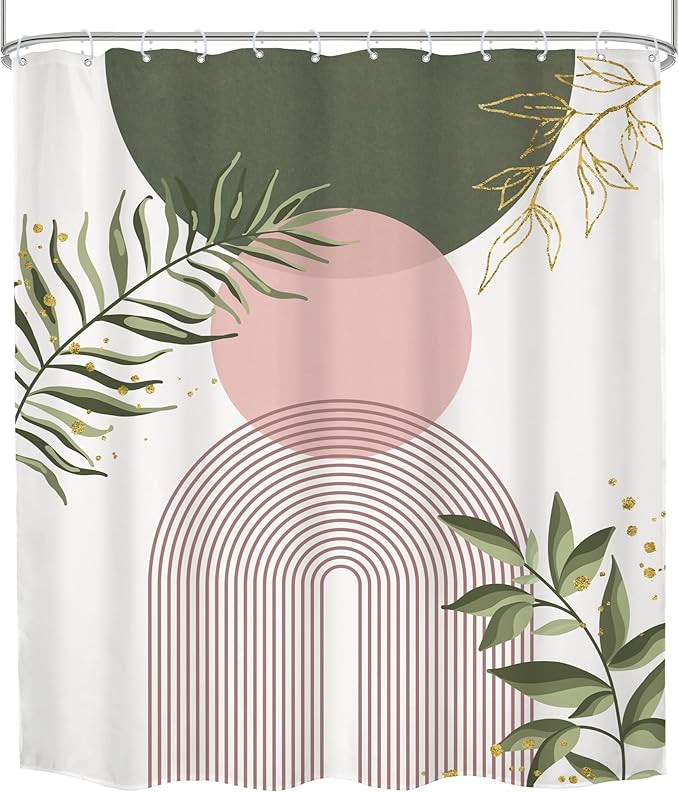 Pink Green Boho Shower Curtain 72Wx84H Extra Long Bohemian Mid Century Modern Abstract Sage Green Gold Leaves Plant Minimalist Bathroom Decor Arch Bath Curtain Fabric Polyester 12 Pack Hooks - Image 8