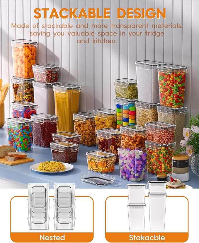 Airtight Food Storage Containers with Lids, 24 PCS Kitchen and Pantry Organization Canisters, BPA-Free, PVC-Free, Food-grade Plastic Leak-proof Jars for Cereal, Flour, Sugar, Extra 24 Labels & Marker - Image 6