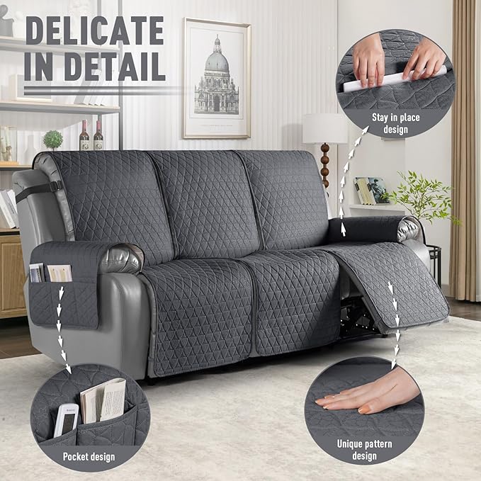 TAOCOCO 100% Waterproof Recliner Cover, Non-Slip Washable Reclining Couch Cover with Elastic Leg Straps, Furniture Protector for Dogs (Charcoal Gray, 3 Seater) - Image 6