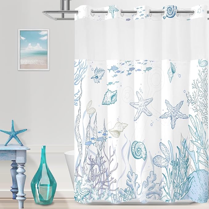 No Hook Shower Curtain with Snap in Liner, Beach Ocean Nautical Coastal Shower Curtains and Liner Set for Bathroom, Seashell Hotel Fabric Bath Curtain, Waterproof Washable, Blue 71" x 74" by TWLSNCD