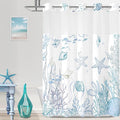 Long No Hook Shower Curtain with Snap in Liner, Beach Ocean Nautical Coastal Shower Curtains and Liner Set for Bathroom, Seashell Fabric Bath Curtain, Waterproof Washable, Blue 71" x 77" by TWLSNCD