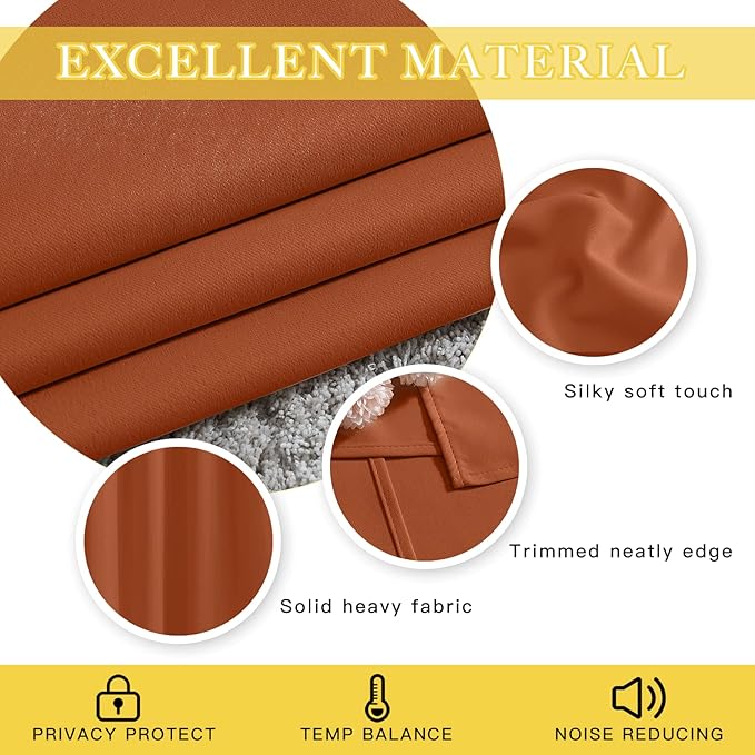 NICETOWN Blackout Bedroom Curtain 72 inches Long - Grommet Sound Reducing Window Treatment Privacy Drape Room Darkening Light Blocking for Living Room (Burnt Orange, 1 Panel, W52 x L72) - Image 4