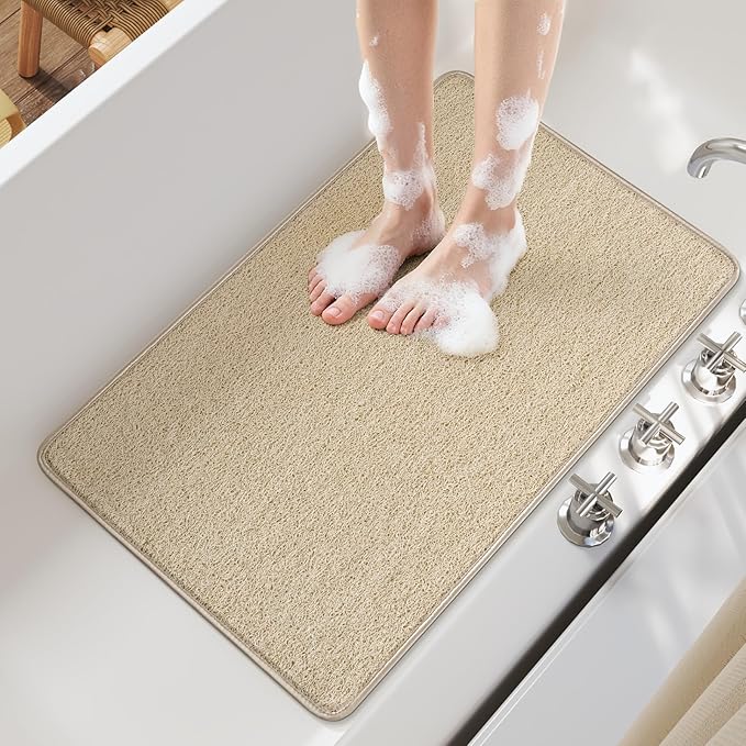 Non Slip Shower Mat Bathtub Mat 20x32 Inch, Quick Dry Bath Mat with Drain, Soft PVC Imitation Loofah Foot Scrubber Bath Mats for Bathroom Tub Shower Floor, Hangable & Hook Included, Beige - Image 2