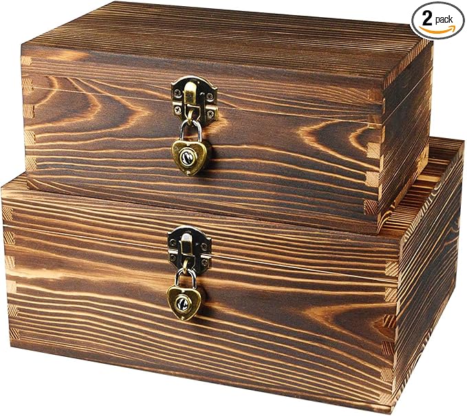 Wooden Box with Lock and Keys Hinged Lid Treasure Chest Memory Hobby Preservation Rustic Decorative Archival Organizer Jewelry Gadget Trinkets Keepsake Wood Storage Boxes 2 Pack Smokey Color by BigHala