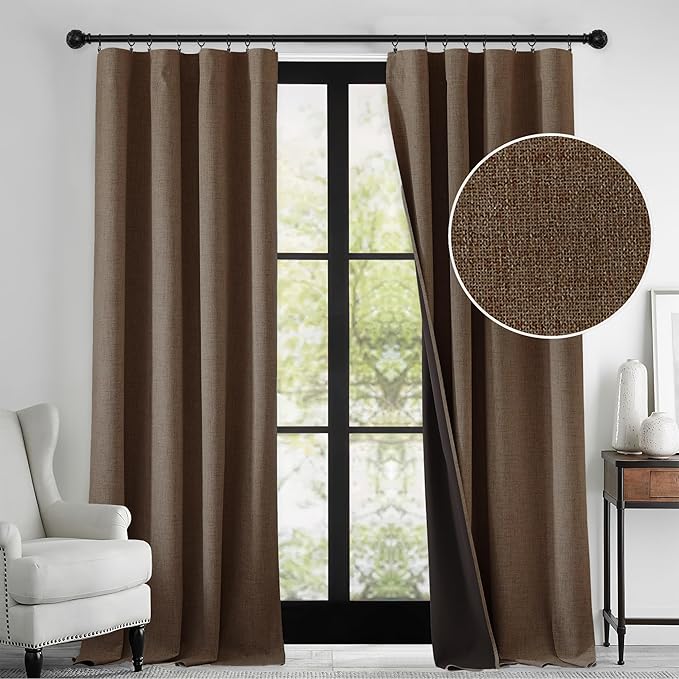 RYB HOME 100% Blackout Polyester Textured Curtains 90 inches Long, Thermal Insulating Privacy Energy Saving for Bedroom Living Room Window Office Theater Dining Nursery, W52 x L90 in, Coffee, 2 Panels by RYBHOME
