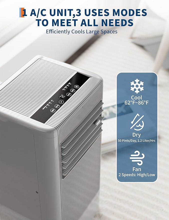 8000 BTU Portable Air Conditioner 3-in-1 Cooling AC Portable Air Conditioner for Room with Sleep Mode, Ventless Floor Air Conditioner, 3 Speeds Fan & Dehumidifier - Image 4