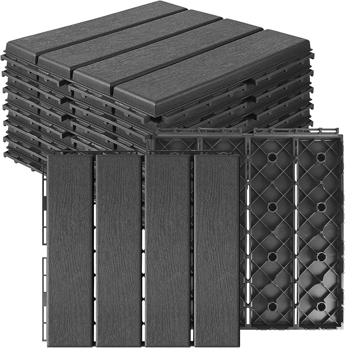 MYFAMIREA 9 Pcs Plastic Interlocking Deck Tiles 12" L x 12" W Patio Floor Decking Tiles Indoor Outdoor Waterproof Non-Slip Flooring Tile All Weather Use for Balcony Backyard Porch Poolside, Dark Grey by MYFAMIREA