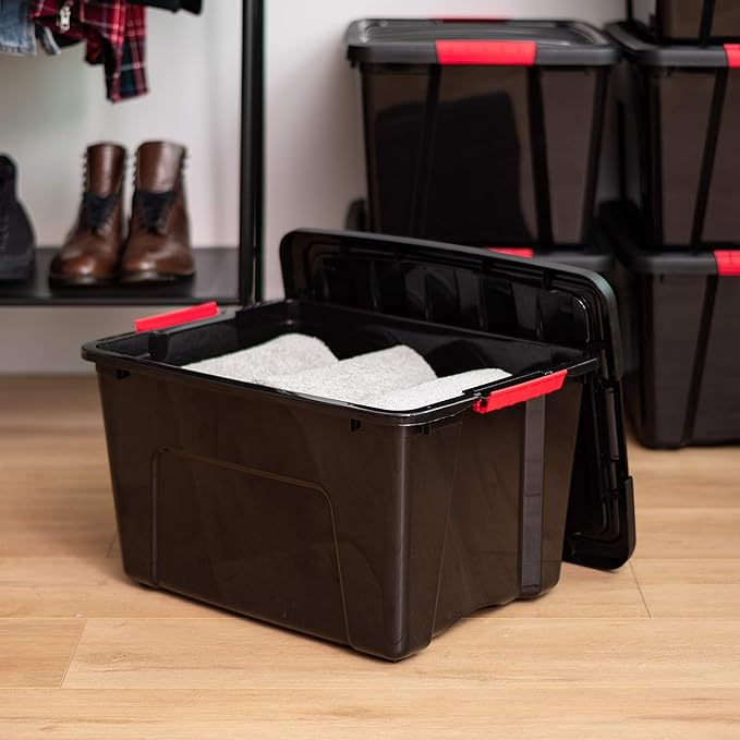 IRIS USA 40 Qt Stackable Plastic Storage Bins with Lids, 4 Pack - BPA-Free, Made in USA - Garage Organizing Solution, Latches, Durable Nestable Containers, Secure Pull Handle - Black - Image 5