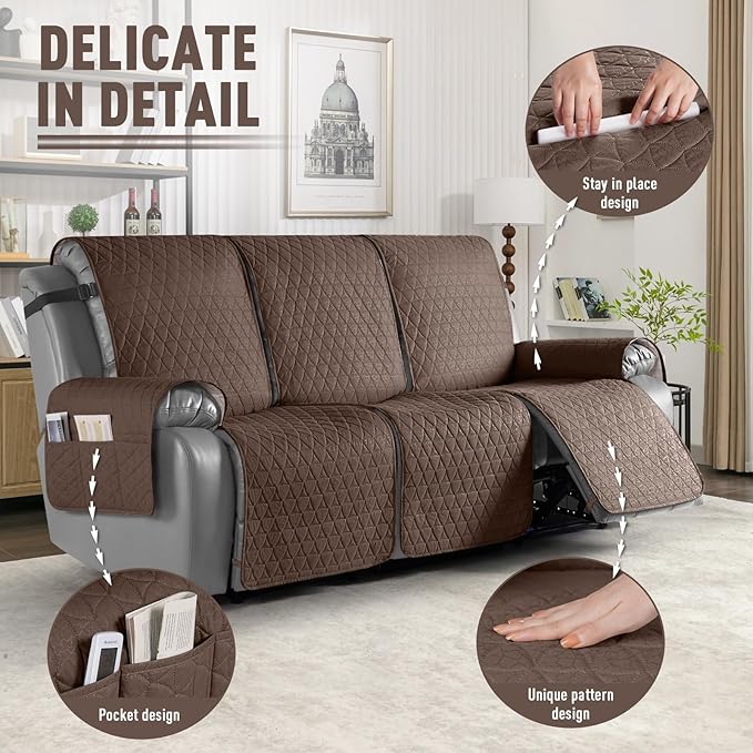 TAOCOCO 100% Waterproof Recliner Cover, Non-Slip Washable Reclining Couch Cover with Elastic Leg Straps, Furniture Protector for Dogs (Brown, 3 Seater) - Image 6