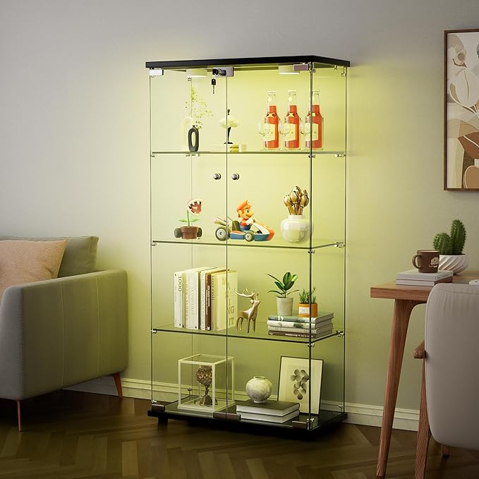 Yoluckea 4 Shelves Glass Display Cabinet with LED Light and 2 Doors,Floor Standing Clear Glass Curio Collection Display Cabinet for Living Room Bedroom 64.7” x 31.7” x 14.3” Black - Image 3
