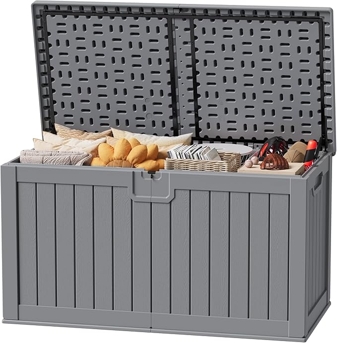 JUMMICO 250 Gallon Outdoor Resin Deck Box with Divider, Waterproof Storage Box with Lockable Lid&Side Handles for Garden Tools, Pools Supplies (Gray) by JUMMICO