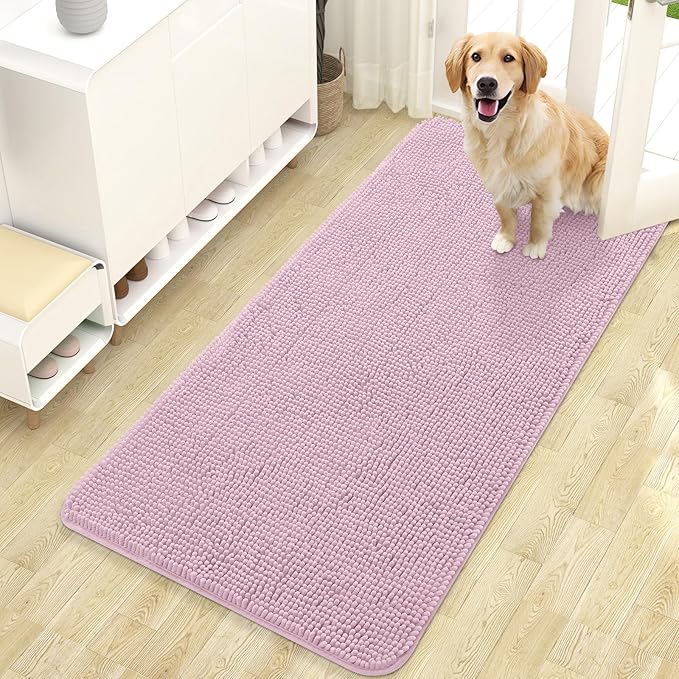 OLANLY Dog Door Mat for Muddy Paws 47x24, Absorbs Moisture and Dirt, Absorbent Non-Slip Washable Doormat, Quick Dry Chenille Mud Mat for Dogs, Entry Indoor Entryway Carpet for Inside Floor, Dusty Rose by OLANLY