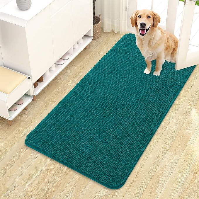 OLANLY Dog Door Mat for Muddy Paws 44x24, Absorbs Moisture and Dirt, Absorbent Non-Slip Washable Doormat, Quick Dry Chenille Mud Mat for Dogs, Entry Indoor Entryway Carpet for Inside Floor, Lake Blue by OLANLY