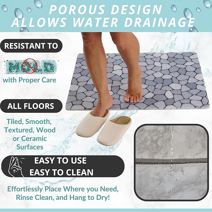 Enkosi Loofah Non-Slip Shower Mat - Shower Floors, Bathtub, Bathrooms, Wet Areas - Cushioned Bath Mat with Drain Holes - Quick Dry PVC, Secure Safety Pad Without Suction Cups (32x24 Pebble Blue) - Image 4