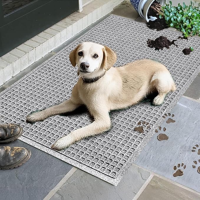 WaterHog Squares Front Door Mat Indoor Outdoor Entrance, Absorbent All-Weather Doormat with Non-Slip Rubber Backing, Dirt & Moisture Trapper, Low Profile, Easy Clean, Made in USA 23"x35.5" Medium Grey - Image 2