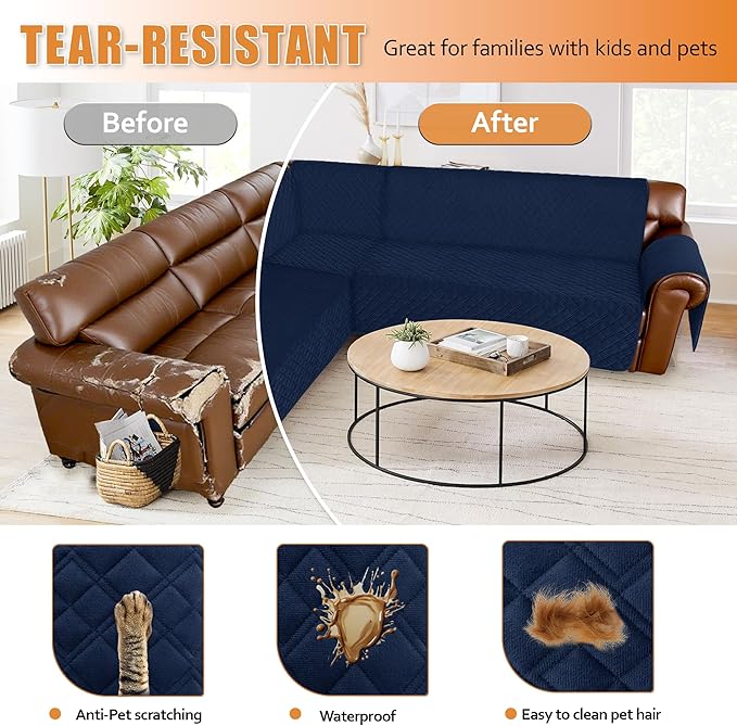 Arfntevss Waterproof Sectional Couch Covers L Shape Washable Velvet Sofa Cover for Sectional Non Slip Large Corner Slipcovers Dog 6 Pcs Universal U Shaped Furniture Protector (Navy Blue, Large) - Image 7
