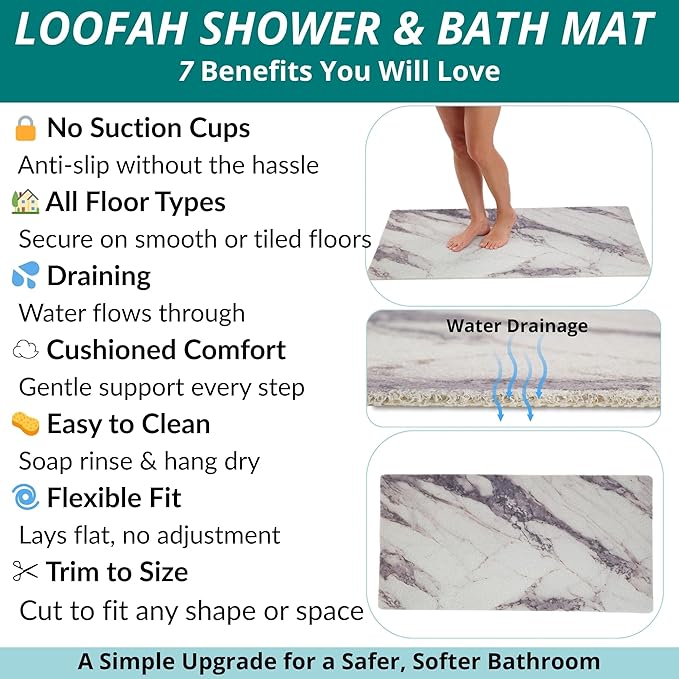 Anti Slip Shower Mat - Non Slip Shower Mats for Inside Shower - Large 47x24 Loofah Shower Floor Mat Non Slip - Bath Mat for Shower - Secure Mat Without Suction Cups (47x24 Marble Grey) - Image 4