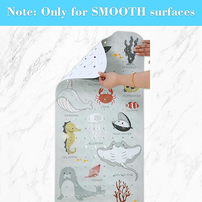 Bath Mat for Tub Non Slip, Machine Washable Anti-Slip Cartoon Baby Bathtub Shower Mat with Drain Holes and Suction Cups for Toddler & Kids, 40 Inch x 16 Inch, Greige Sea Animals - Image 4