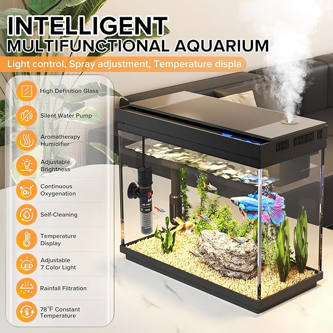 Fish Tank 2.4 Gallon Aquarium with Heater, 3-in-1 Silent Pump with Filteration & Oxygenation & Circulation, 7-Color Timer Cycle Light, Temperature Display, Humidifier, HD Glass Fish Bowl - Image 2