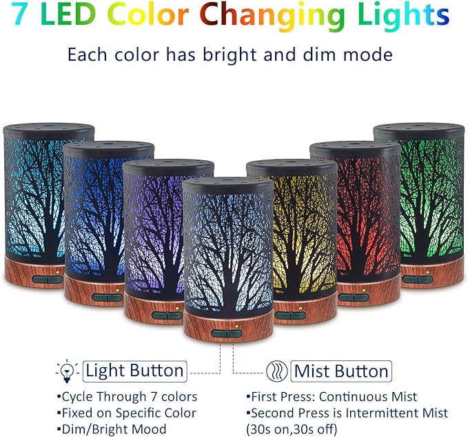 EQUSUPRO Essential Oil Diffuser 150ml Black Metal Aromatherapy Oil Diffuser Ultrasonic Cool Mist Diffuser with Auto Shut-Off Protection,7 Colors Changed LED for Home Office SPA Yoga (A-Tree) - Image 3