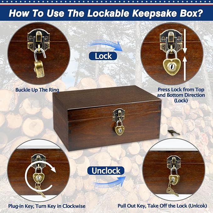 Wood Keepsake Boxes with Lock and Keys Handcrafted Decorative Wooden Storage Case Cabinet Container Hinged Lid Country Rustic Style Organizer for Trinkets Gift Card Collection Coffee Color 2 Pack - Image 7