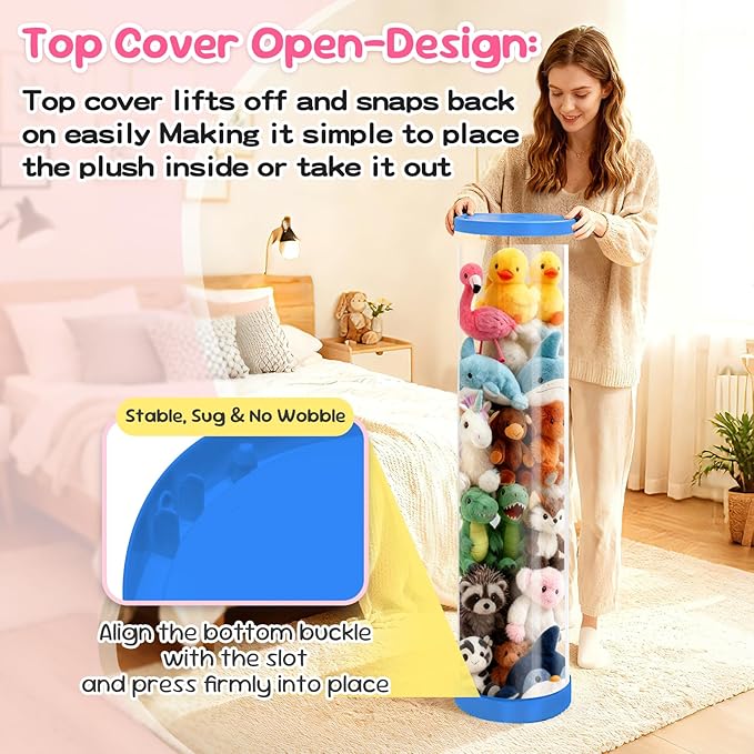 Upgraded Stuffed Animal Storage Tube, 47.24" Tall Stuff Animal Organizer with Double Zipper, PET Transparent Bucket, Space-Saving Animal Zoo Storage for Room (Blue) - Image 5