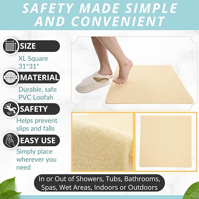 Square Shower Mat - Non Slip Shower Mats for Inside Shower - Extra Large 31x31 Shower Floor Mat Non Slip - Square Bath Mat for Shower - Secure Anti Slip Loofah Shower Bath Mat (31x31 Light Beige) - Image 3