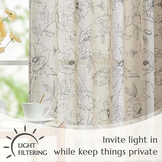 jinchan Floral Linen Curtains for Living Room 63 Inch Length Grey Flower Curtain Rod Pocket Back Tab Farmhouse Curtains with Printed Floral Bedroom Window Curtain Set, 2 Panels Gray - Image 3
