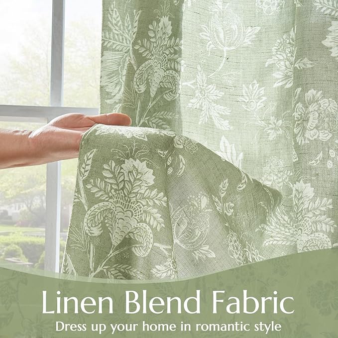 jinchan Linen Floral Curtains for Living Room with Printed Flower 84 Inches Long Light Filtering French Country Back Tab Rod Pocket Sage Green Window Curtain Set Farmhouse Drapes 2 Panels - Image 4
