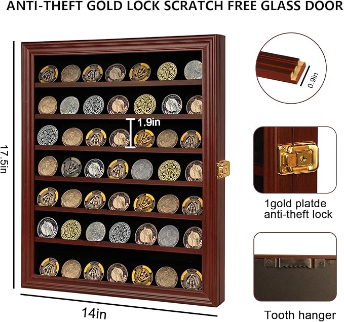 Jinchuan Military Challenge Coin Display Case Lockable Cabinet Rack Holder Shadow Box with Removable 2 Grooves Shelves and Anti Dust Door for Casino Poker Chips Collectibles, Large - Mahogany - Image 2