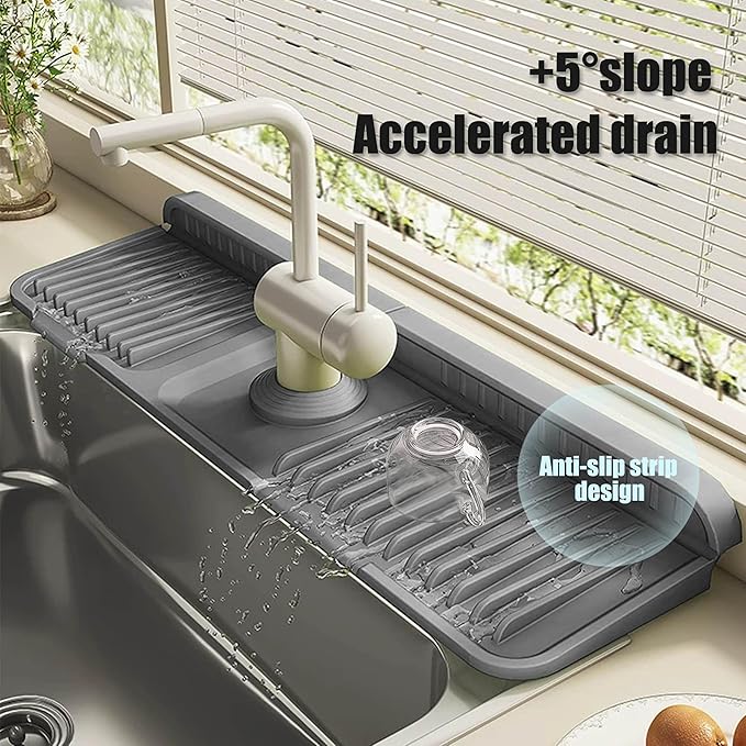 STARGAZ Silicone Faucet Mat for Kitchen Sink,Faucet Draining Mat,Sink Back Splash Guard,Kitchen Rubber Mat,Bathroom Sink Faucet Mat,Soap Dish,Silicone Sink Protector(Grey, 24”×5.5”) - Image 4