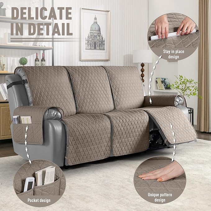 TAOCOCO 100% Waterproof Recliner Cover, Non-Slip Washable Reclining Couch Cover with Elastic Leg Straps, Furniture Protector for Dogs (Taupe, 3 Seater) - Image 6