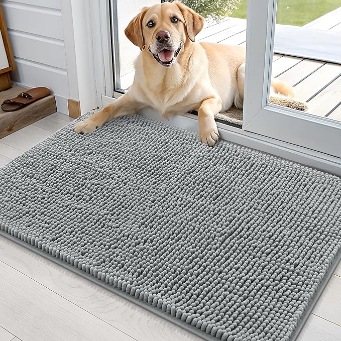 OLANLY Dog Door Mat for Muddy Paws 35x24, Absorbs Moisture and Dirt, Absorbent Non-Slip Washable Doormat, Quick Dry Chenille Mud Mat for Dogs, Entry Indoor Entryway Carpet for Inside Floor, Grey by OLANLY