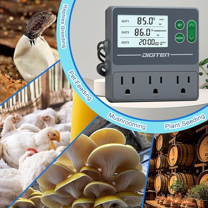 DIGITEN Temperature and Humidity Controller with Timer - 3 Outlet, 2 Separate Probes, Plug in Temperature Controller for Reptiles,Snake, Mushrooms, Tent, Triple Control for Temp,Humidity,Time - Image 7