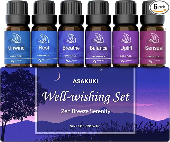 ASAKUKI Essential Oils for Diffuser – 6 Mood Essential Oil Blends (Breathe, Uplift, Sensual, Balance, Unwind, Rest) for Morning to Night Rituals, Home & Daily Use by ASAKUKI