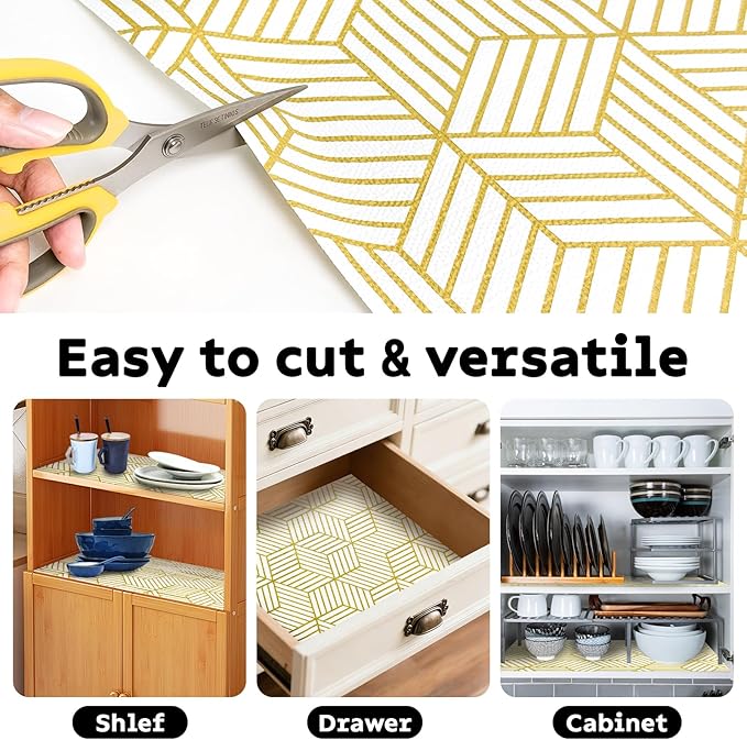 Shelf Liners for Kitchen Cabinets 12IN x 10FT, Non Adhesive Cabinet Liner Strong Non-Slip Thickened Gold Geometric Drawer Liner, Easy to Clean for Shelf, Cabinet with Knife and Tape Measure - Image 5