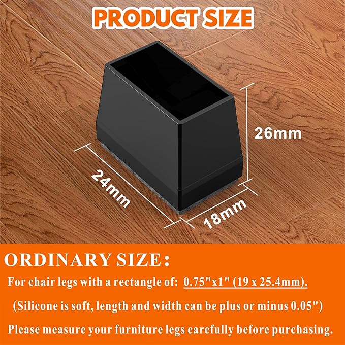 Rectangle Chair Leg Protectors for Hardwood Floors,16 PCS Silicone Covers to Protect Wood Tile Floors Felt Pads Furniture Leg Caps Reduce Noise. Easy to Move. (Black, 0.75 x 1 Inch,Rectangular) - Image 2