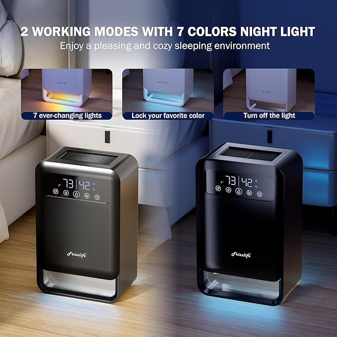 Frizzlife Air Dehumidifier, 135oz Water Tank W/Purifying Function, Quiet Small Dehumidifiers With Sleep Mode For Home, Bedroom, Bathroom, Basement W/Auto Shut Off, 7 Colors LED Light, Black - Image 5