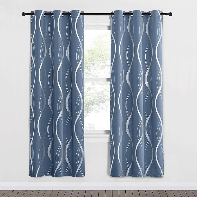 NICETOWN Blackout Curtains 72 inches Long, Stone Blue, 2 Panels, 42 x 72 Inch, Microfiber Noise Reducing Thermal Insulated Wave Line Foil Print Design Blackout Curtains for Patio Sliding Glass Door - Image 2
