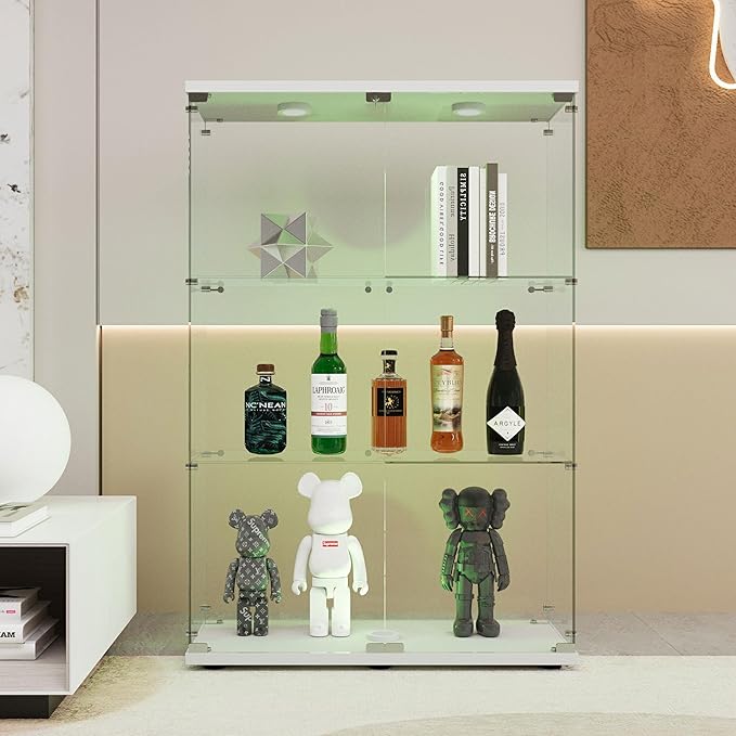 Yoluckea 3-Tier Glass Display Cabinet with Paipai Light, 2-Door Floor Standing Curio Cabinet with Adjustable Floor Feet for Home Office Corner Display, White Glass Bookshelf for Collections and Decor by Yoluckea