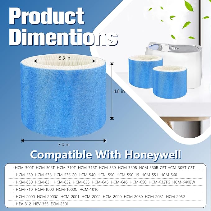 Funmit Humidifier Filters Replacement for Honeywell Humidifier Filter HAC-504 HAC-504AW and Honeywell Filter A, Replacement for Honeywell HCM-350 HCM-500 HCM600 Cool Mist Humidifiers, 4 Pack, Blue - Image 2