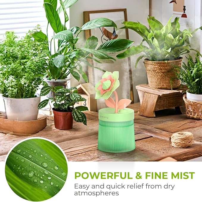 Cute Flower Mini Humidifier, 260ml Gardenia Desktop Humidifiers for Bedroom, Portable Small Cool Mist Humidification for Home, Baby Nursery, Office & Indoor Plants, USB Powered (Green) - Image 2