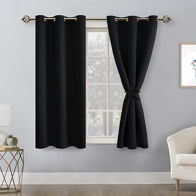 Hiasan Blackout Curtains for Bedroom - Light Blocking & Noise Reducing Window Curtains for Living Room, 2 Drape Panels Sewn with Tiebacks, Black, 38 x 54 Inch - Image 2